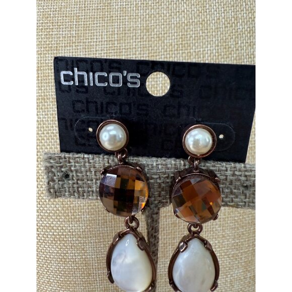 Chicos Brown Queens Royal Jewels Dangle Earrings With Faux Pearls & Faceted Gems - Picture 6 of 11